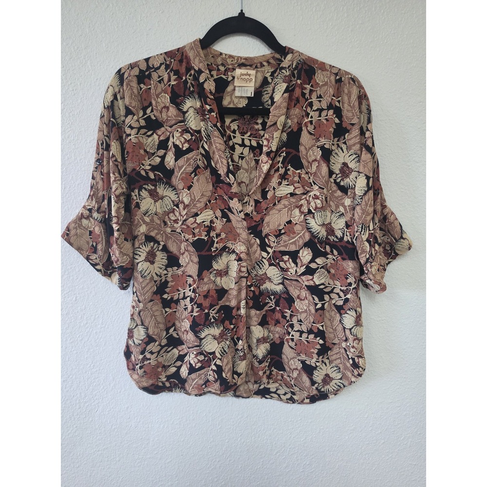 Judy Knapp Blouse Medium Floral Collared 3/4 Sleeve Black Brown Cream Autumn VTG